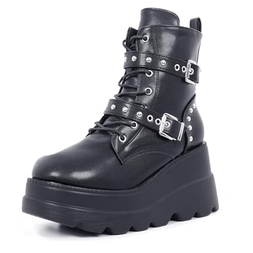 Gothniero Plateau-Stiefeletten für Damen, Cosplay, Gothic, klobiger Absatz, Keilabsatz, Motorradstiefel mit seitlichem Reißverschluss, Schnürschuhe, Größe 36-42, Schwarz , 37.5 EU von Gothniero