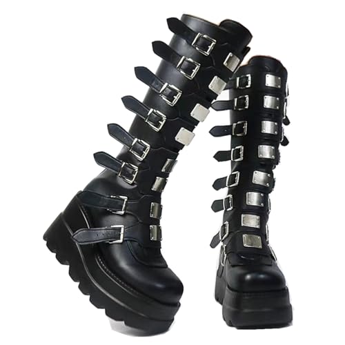 Gothniero Schwarze Plateau-Gothic-Stiefel für Damen, kniehoch, klobiger Absatz, Gothic-Stiefel, Damen, schwarz, Kampf-Motorradstiefel, runde Zehenpartie mit Reißverschluss, Größe 36-42, Black6, 39 EU Gothniero Schwarze Plateau-Gothic-Stiefel für Damen, kniehoch, klobiger Absatz, Gothic-Stiefel, Damen, schwarz, Kampf-Motorradstiefel, runde Zehenpartie mit Reißverschluss, Größe 36-42, Black6, 39 EU von Gothniero