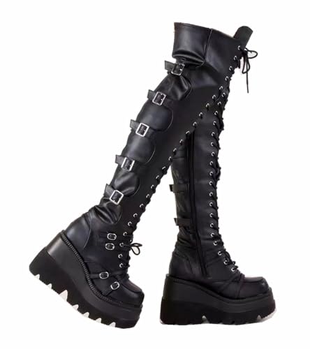 Gothniero Schwarze Plateau-Stiefel über Knie, Oberschenkelhoch, Gothic-Stiefel für Damen, klobiger Absatz, Rave-Motorradstiefel mit Schnallen, seitlichem Reißverschluss, Schnürstiefel, Größe 36-42 von Gothniero
