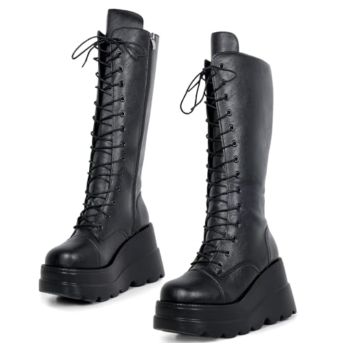 Gothniero Schwarze Plattform Kniestiefel Goth Stiefel Dame Frauen Kampfstiefel moto Stiefel Rave Gothic Schuhe Leicht und komfortabel mit Spitzengröße 35-43 von Gothniero