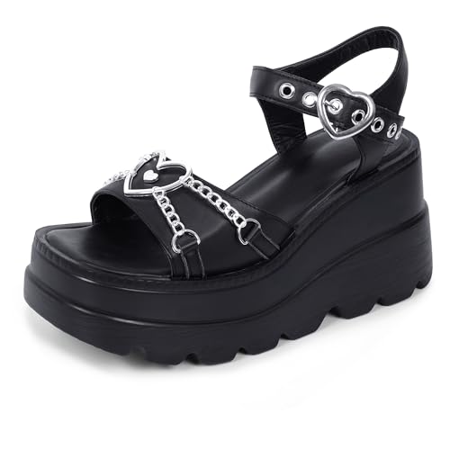 Schwarze Keilabsatz Plateau Sommer Sandalen Gothic Fledermaus Deko Offene Zehen Hausschuhe Metall Totenköpfe Nieten Schnallen Slides für Frauen Größe 36-42, Schwarz 4, 39.5 EU von Gothniero