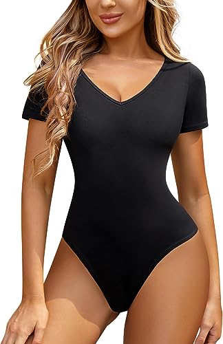 Gotoly Body Damen Kurzarm Tshirt Body Damen Shapewear Bodysuit Bauchweg Stark Formend Body Shaper Figurformende Unterwäsche V-Ausschnitt Overall Jumpsuit Top (S, Schwarz) von Gotoly