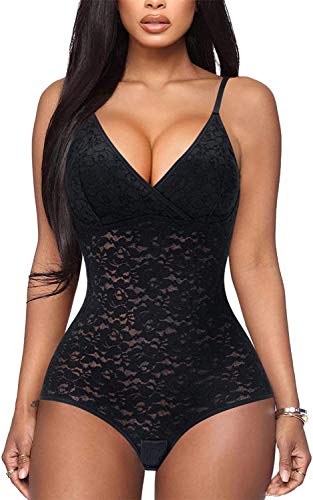 Gotoly Damen Bodysuit Spitze Shapewear Tiefer V-Ausschnitt Jumpsuits Bauchkontrolle Taillentrainer ärmellos Camisole Body Shaper, Schwarz , 38 von Gotoly