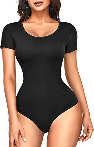 Gotoly Shapewear Damen Body mit Kurze Ärmel Rundhals T-Shirt Formende Tank Top Jumpsuit Bodys Bauchweg Postnatal Shaping Overall Bodysuit Bluse Tops (Schwarz, 3XL) von Gotoly