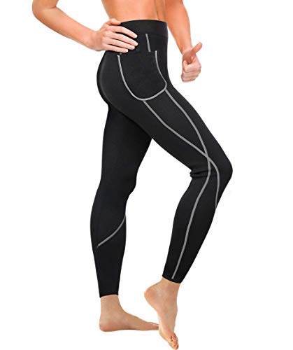 Gotoly Damen Neopren Sporthose Gewichtsverlust Sauna Hose Abnehmen Leggings Yoga Jogging Fitness Hot Thermo Sweat Gym Tights Wear Workout Body Shaper mit Taschen (L, Schwarz) von Gotoly