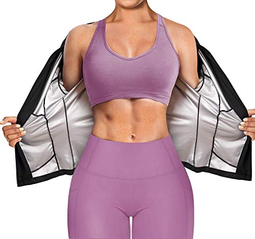 Gotoly Damen Saunaanzüge Fitness Lange Ärmel Sauna Shirt Abnehmen Workout Schwitzeffekt Schwitzjacke Bauchweg Thermo Body Shaper (L, Schwarz) von Gotoly