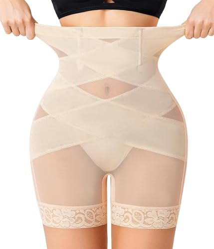 Gotoly Shapewear Damen Bauchweg Unterhose Hohe Taille Miederhose Mit Bein Figurenformend Miederpant Stark Formende Body Shaper Unterwäsche Bauchkontrolle Kurze Hose Leggings Shorts (Beige, L) von Gotoly