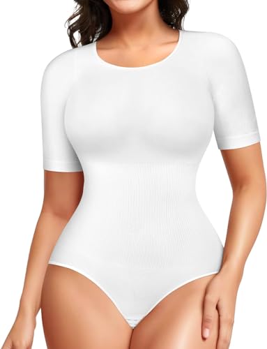 Gotoly Shapewear Damen Body Bauchweg Stark Formend Body Shaper Mit Kurzarm Top Rundhals Shaping Body Thong Sculpting Korsett Damenbody Sommer Oberteil T-shirts Bodys (Weiß, L) von Gotoly