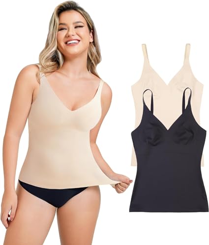 Gotoly Unterhemden Damen Bauchweg Hemd Formende Oberteile Nahtlose Tank Tops Shapewear Damen Top Figurformende Hemd Shaping Unterwäsche Bauch Weg Body Shaper (Schwarz+Beige (2 pack), M) von Gotoly