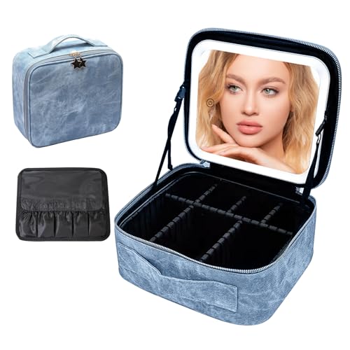 Reise-Make-up-Tasche mit LED-Spiegel, Kosmetik-Aufbewahrungsbox mit 3 Farbmodi, einstellbare Helligkeit und Trennwände, tragbar, wasserdicht, Make-up-Aufbewahrung für Damen, blau, modisch Reise-Make-up-Tasche mit LED-Spiegel, Kosmetik-Aufbewahrungsbox mit 3 Farbmodi, einstellbare Helligkeit und Trennwände, tragbar, wasserdicht, Make-up-Aufbewahrung für Damen, blau, modisch von Gotrain