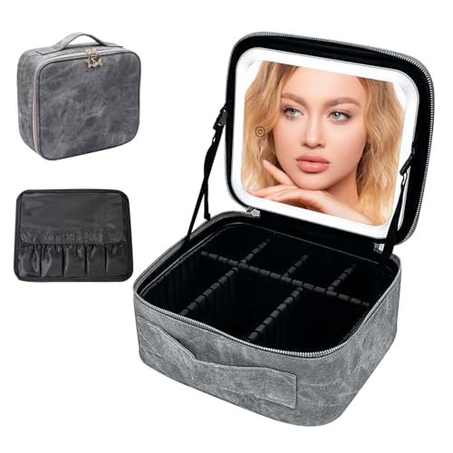 Reise-Make-up-Tasche mit LED-Spiegel, Kosmetik-Aufbewahrungsbox mit 3 Farbmodi, einstellbare Helligkeit und Trennwände, tragbar, wasserdicht, Make-up-Aufbewahrung für Damen, grau, modisch Reise-Make-up-Tasche mit LED-Spiegel, Kosmetik-Aufbewahrungsbox mit 3 Farbmodi, einstellbare Helligkeit und Trennwände, tragbar, wasserdicht, Make-up-Aufbewahrung für Damen, grau, modisch von Gotrain