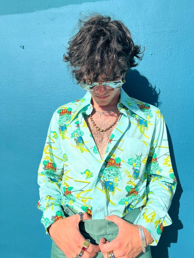 Deadstock Nwt 1970Er Jahre Pferdewagen Print Langarm Button Up Polyester Shirt Deadstock Nwt 1970Er Jahre Pferdewagen Print Langarm Button Up Polyester Shirt von GottaHaveItVenice