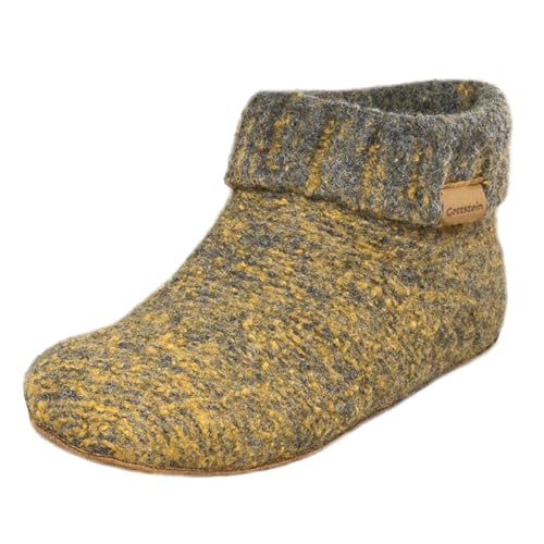 Gottstein Hüttenschuh Knit Boot - Filz-Hausschuh für Damen & Herren | Aus Reiner Schurwolle - hochwertige Sohle aus Rindsleder - geschlossene Sockenschuhe Grau-Gelbmele | 42 von Gottstein