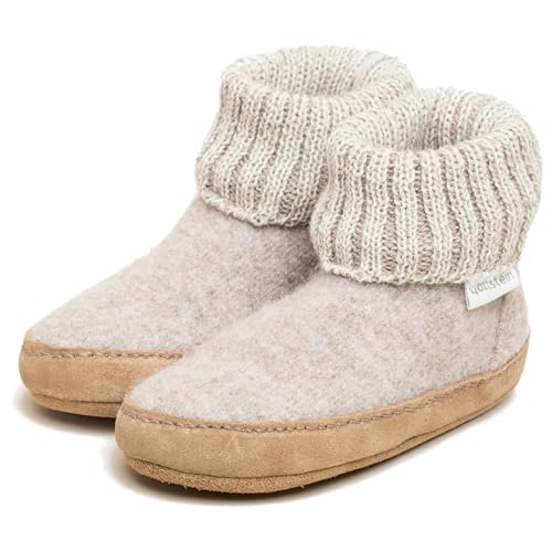 Gottstein Hüttenschuh Alpine Boot LE für Mädchen & Jungen - Kinder Hausschuh aus Schurwolle mit Strickbund & Ledersohle | TIPP: Eine Nummer größer bestellen Beige | 33 von Gottstein