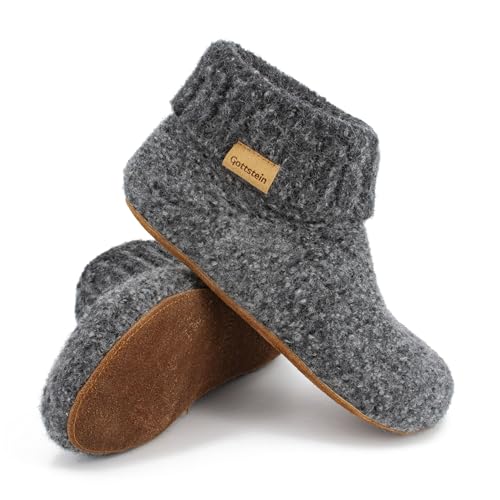 Gottstein Hüttenschuh Knit Boot - Filz-Hausschuh für Damen & Herren | Aus Reiner Schurwolle - hochwertige Sohle aus Rindsleder - geschlossene Sockenschuhe Charcoal | 46 von Gottstein