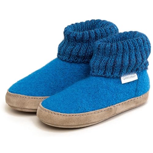 Gottstein Hüttenschuh Alpine Boot LE für Mädchen & Jungen - Kinder Hausschuh aus Schurwolle mit Strickbund & Ledersohle | TIPP: Eine Nummer größer bestellen = 15013 Arctic Blue | 34 von Gottstein