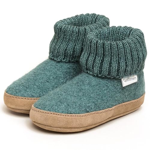 Gottstein Hüttenschuh Alpine Boot LE für Mädchen & Jungen - Kinder Hausschuh aus Schurwolle mit Strickbund & Ledersohle | TIPP: Eine Nummer größer bestellen Oceangreen | 32 von Gottstein