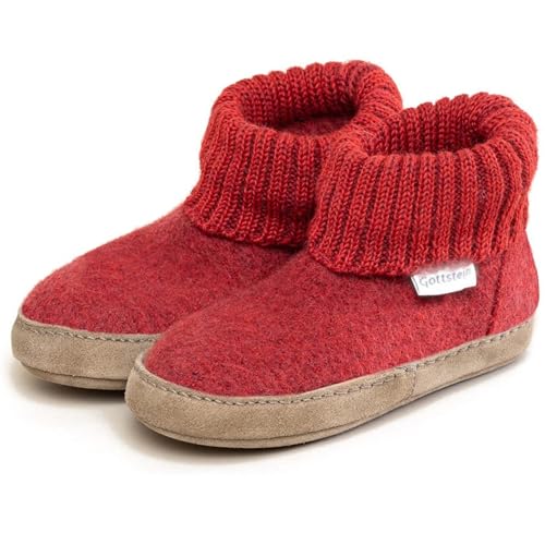 Gottstein Hüttenschuh Alpine Boot LE für Mädchen & Jungen - Kinder Hausschuh aus Schurwolle mit Strickbund & Ledersohle | TIPP: Eine Nummer größer bestellen Red | 23 von Gottstein