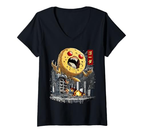 Damen Lustiger Gouda Käse Kaiju Monster Japanisch T-Shirt mit V-Ausschnitt von Gouda Cheese Kaiju Monster Clothing