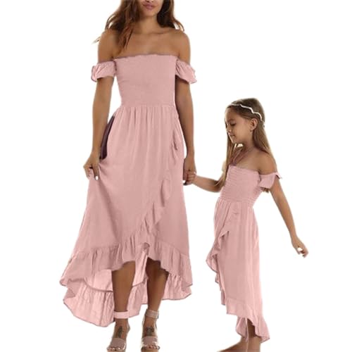 Goudyna Mutter- und Tochterkleid, schulterfrei, fließender Rüschensaum, lange Kleider, passendes Familienkleid, Mommy and Me, A-Pink, 8 Jahre von Goudyna