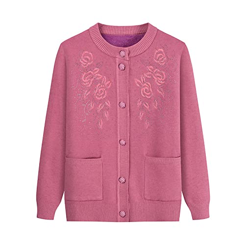 Gouekst Mother's Knitted Sweaters Cardigan - Bestickte Blumen Oma Plus Velvet Sweater Coat Warme Strickjacke Mittleren Alters Für Herbst-Winter-Frauen Dickes Oberteil,Pink,X,Large von Gouekst
