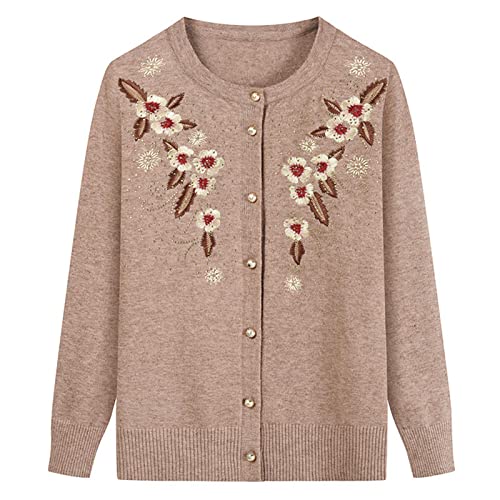 Gouekst Mutters Strickpullover Cardigan - Stickereidruck Ältere Frauen Mittleren Alters Pullover Mutter Strickjacke Mantel Herbst Winterkleidung Oma Strickoberteil,Camel,Einheitsgröße von Gouekst