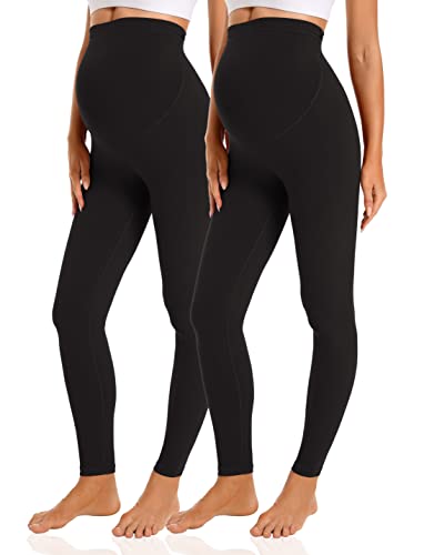 Gowjog 2 Pack Damen Umstandsleggings High Waist Schwangerschaftsleggings Blickdichte Umstandsleggings Stretch Lang Umstandsmode Leggings für Schwangere (Schwarz/Schwarz,S) von Gowjog