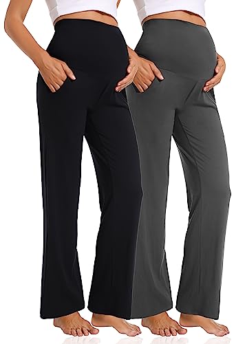 Gowjog 2 Pack Umstandshose Weitem Bein Damen Schwangerschaft Lässig Lose Breite Gerade Bein Lounge Hosen mit Taschen Schwangerschafts Hose (Schwarz/Dunkelgrau,XXL) von Gowjog