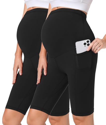 Gowjog 2 Stück Kurze Umstandsleggings Radlerhose Schwangerschaft Damen Umstandshose Schwangerschaft Shorts mit Taschen Kurz Schwangerschaft Für Schwangere (Schwarz/Schwarz,L) von Gowjog