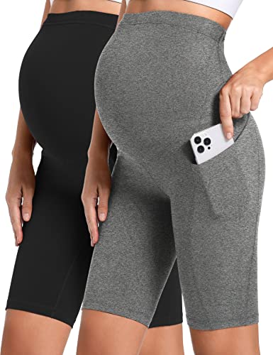 Gowjog 2 Stück Kurze Umstandsleggings mit Tasche Umstands Radlerhose Schwangerschaftsshorts Umstandshose Kurz Schwangerschaft Für Schwangere Kurze Shorts (Schwarz/Melange Grau,M) von Gowjog