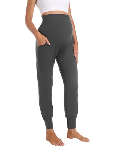 Gowjog Damen Umstandshose Jogginghose Schwangerschafts Umstandsmode Lang Schwangerschaft Hosen Stretch Casual Yoga Hose (Dunkelgrau,S) von Gowjog