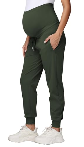 Gowjog Damen Umstandshose Jogginghose Sweatpants Kordelzug Taschen Schwangerschaft Hosen Laufen Lounge Workout Hose (Armeegrün,M) von Gowjog