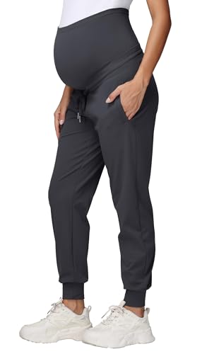 Gowjog Damen Umstandshose Jogginghose Sweatpants Kordelzug Taschen Schwangerschaft Hosen Laufen Lounge Workout Hose (Dunkelgrau,L) von Gowjog