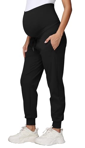Gowjog Damen Umstandshose Jogginghose Sweatpants Kordelzug Taschen Schwangerschaft Hosen Laufen Lounge Workout Hose (Schwarz,M) von Gowjog