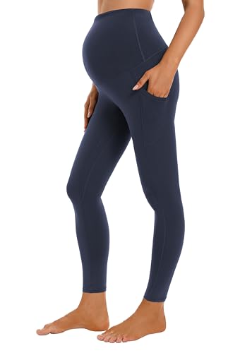 Gowjog Damen Umstandsleggings Blickdicht Hohe Taille Umstandshose Elastisch Yoga-Hosen Workout Aktiv Schwangerschaft Mutterschaft Sport Leggings mit Taschen (Dunkelblau,L) von Gowjog