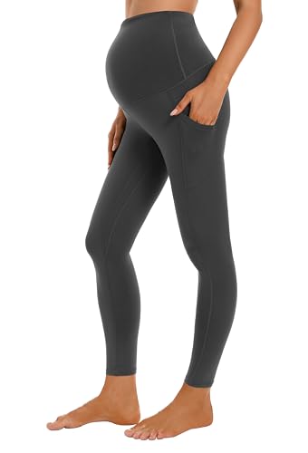 Gowjog Damen Umstandsleggings Blickdicht Hohe Taille Umstandshose Elastisch Yoga-Hosen Workout Aktiv Schwangerschaft Mutterschaft Sport Leggings mit Taschen (Dunkelgrau,XL) von Gowjog