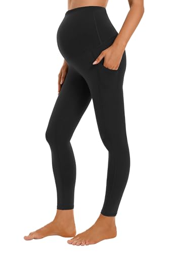 Gowjog Damen Umstandsleggings Blickdicht Hohe Taille Umstandshose Elastisch Yoga-Hosen Workout Aktiv Schwangerschaft Mutterschaft Sport Leggings mit Taschen (Schwarz,L) von Gowjog