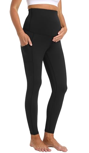 Gowjog Damen Umstandsleggings Thermo High Waist Schwangerschaftsleggings Blickdicht Taschen Stretch Umstandsmode Yoga Sport(Schwarz,S) von Gowjog