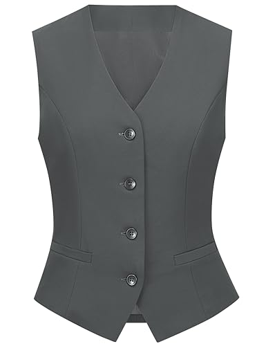 Gowjog Damen Weste Ärmellos Anzugweste V-Ausschnitt Button Up Blazer Business Casual Elegante Westen Für Arbeit Büro Party (Dunkelgrau,XL) von Gowjog