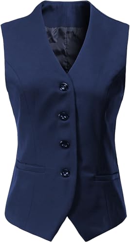 Gowjog Damen Weste Anzugweste Gefüttert Button Up V-Ausschnitt Smoking Vintage Jacke Dressy Ärmellos Westen(Marineblau,XXL) von Gowjog