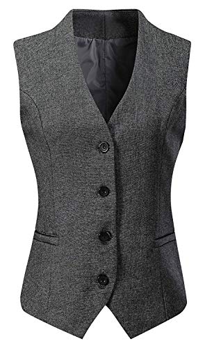 Gowjog Damen Weste Anzugweste Gefüttert Button Up V-Ausschnitt Smoking Vintage Jacke Dressy Ärmellos Westen(Dunkel Melange Grau,S) von Gowjog