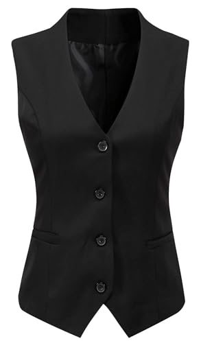 Gowjog Damen Weste Anzugweste Gefüttert Button Up V-Ausschnitt Smoking Vintage Jacke Dressy Ärmellos Westen(Schwarz,L) von Gowjog
