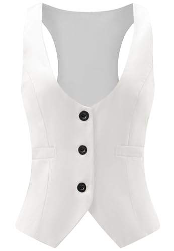 Gowjog Damen Weste Anzugweste V-Ausschnitt Westen Vintage Einreihig Westen mit Taschen Ärmellos Blazer Jacken (Weiß,S) von Gowjog
