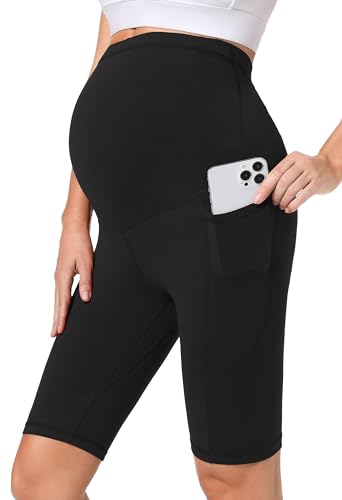 Gowjog Kurze Umstandsleggings Radlerhose Schwangerschaft Damen Umstandshose Schwangerschaft Shorts mit Taschen Kurz Schwangerschaft Für Schwangere (Schwarz,L) von Gowjog