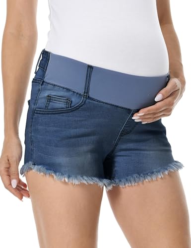 Gowjog Jeans Shorts Schwangerschaft Umstandsshorts Kurz Jeans Shorts Umstandsmode Umstandsjeans Kurz Niedrige Taille Zerrissen Rohen Saum Sommer (Medium Blau,XL) von Gowjog