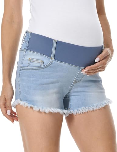 Gowjog Jeans Shorts Schwangerschaft Umstandsshorts Kurz Jeans Shorts Umstandsmode Umstandsjeans Kurz Niedrige Taille Zerrissen Rohen Saum Sommer (Power Blau,XL) von Gowjog
