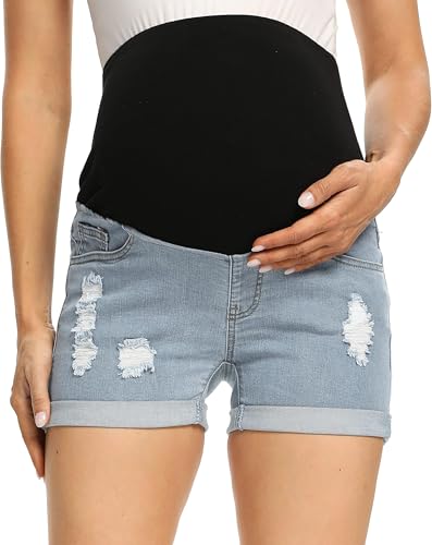 Gowjog Jeans Shorts Umstandsmode Umstandsshorts Jeans Umstandsmode Jeans Kurz Umstandshose Kurz Sommer Umstandsjeans für Sommer Umstandsshorts mit Bauchband (Hellblau,L) von Gowjog
