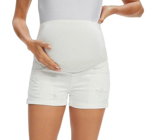 Gowjog Jeans Shorts Umstandsmode Umstandsshorts Jeans Umstandsmode Jeans Kurz Umstandshose Kurz Sommer Umstandsjeans für Sommer Umstandsshorts mit Bauchband (Weiß,L) von Gowjog