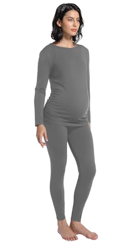 Gowjog Lang Umstands Zweiteiliger Schlafanzug Langarm Umstandsmode Winter Umstandspyjama Pyjama/Nachtwäsche-Set für die Schwangerschaft Zweiteiliger Schwangerschaftskleidung (Grau,M) von Gowjog