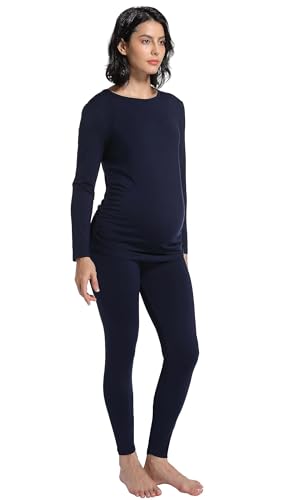 Gowjog Lang Umstands Zweiteiliger Schlafanzug Langarm Umstandsmode Winter Umstandspyjama Pyjama/Nachtwäsche-Set für die Schwangerschaft Zweiteiliger Schwangerschaftskleidung (Marineblau,XL) von Gowjog